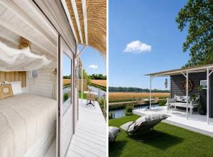 a house with a large bed and a patio at Beach HideAway in Noordwijkerhout