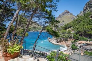 a view of a beach with blue water and trees at Casita Sa Calobra in Cala Tuent