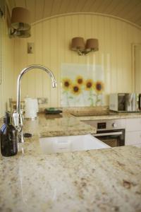 a kitchen counter with a sink and a faucet at Sunflower in Saint Harmon