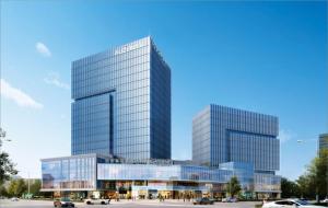a rendering of two tall glass buildings at Four Points by Sheraton Linyi Hedong in Linyi
