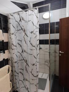 a bathroom with a shower with a shower curtain at Cozy home in Donja Lastva