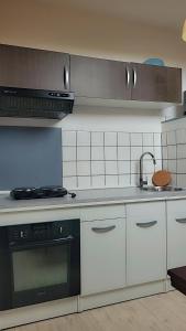 a kitchen with white cabinets and a black oven at Gîtes & Chambres d'hôtes Villa La Lorraine in Folkling +28 photos