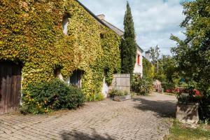 a building covered in ivy next to a brick driveway at P'tite Maizoun - Gîte in Hermanville-sur-Mer
