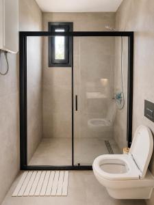 a bathroom with a shower and a toilet at Luxury Lake Cabin in Alphen +24 photos