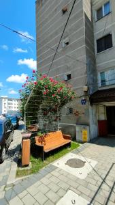 a wooden bench in front of a building with flowers at apartament de inchiriat in loc Moinesti in Moineşti