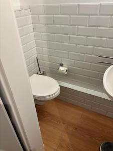 a bathroom with a toilet and a sink at Heefkant Haus Heefkant, HK 03 in Rantum