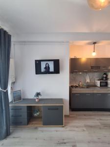 a kitchen with a tv on a white wall at Apartament DelyMar in Agigea