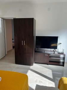 a living room with a large flat screen tv at Villa Utopia in Star Dojran