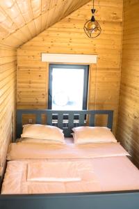 a bedroom with two beds in a room with a window at Kolsay Lake Cabins in Kurmenty