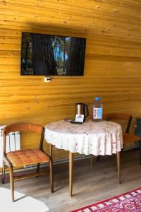 a table and two chairs in a room with a wall at Kolsay Lake Cabins in Kurmenty