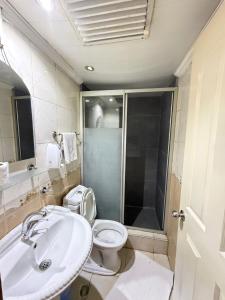 a bathroom with a sink and a toilet and a shower at Evim Butik Otel in Seyhan