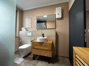 a bathroom with a sink and a toilet and a mirror at Ferienhaus Zur Gasse in Zell an der Mosel +93 photos