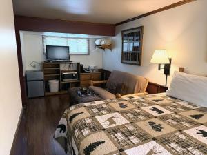 a bedroom with a bed and a chair and a television at Sunnyside Knoll- 3 studio in Estes Park