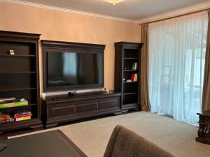 a living room with a flat screen television and shelves at Casa Carolina in Alba Iulia