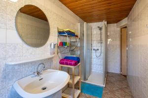 a bathroom with a sink and a shower at Zum Hecht in Herrnhut +81 photos