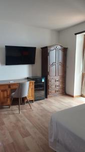 a bedroom with a bed and a desk and a television at B&B Yle in Cetraro