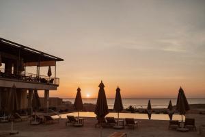 a beach with umbrellas and chairs and the ocean at Wadi Sabarah Lodge in Abu Dabbab