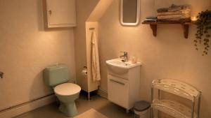 a small bathroom with a toilet and a sink at Charming Casa Hauge BB Sunset Room in Sandane