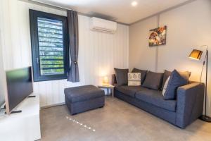a living room with a couch and a tv at Delya, chalet confort, climatisation, piscine in Agde
