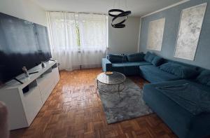 a living room with a blue couch and a television at Spacious 3-room apartment with balcony in Mönchengladbach +6 photos