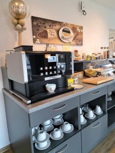 a kitchen with a counter with a microwave at Pension Yvonne - SUPERIOR - am Europa-Park in Rust