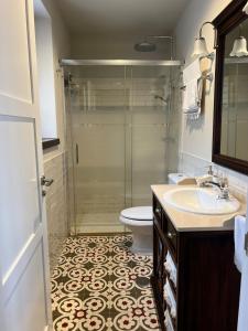 a bathroom with a shower and a sink and a toilet at Casa del Maestro, Seguencu in Següenco