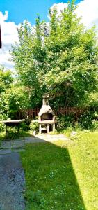 a park with a tree and a bench in the grass at Erdei weekend ház in Jögödfürdő