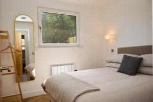 a bedroom with a bed with a window and a mirror at Kilbride Lodge in Carrick +14 photos