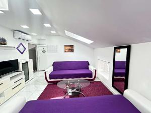 a living room with a purple couch and a tv at Apartment Decumana in Krk
