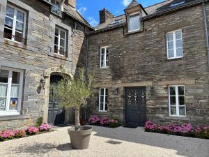 a stone house with a potted tree in front of it at L'échappée belle in Sixt-sur-Aff
