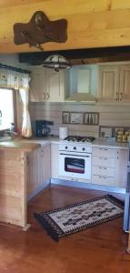 a kitchen with a white stove and a counter top at Casuta lui Andrei in Brezoi