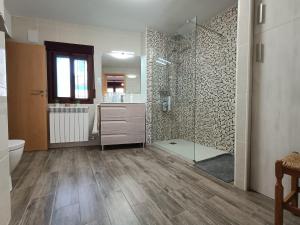 a bathroom with a shower and a toilet and a sink at Casa Remedios in Cubla +16 photos
