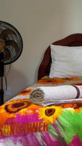 a bed with a colorful blanket and a fan at Casa Ferrari in Santa Teresa +4 photos
