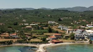 an aerial view of a small town with a beach at Ocean Breeze Apartment - Panoramic Sea View & Olive Grove - 100m to Beach in Kypseli