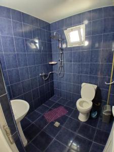 a blue tiled bathroom with a toilet and a shower at Nika Inn Kobuleti in Kobuleti
