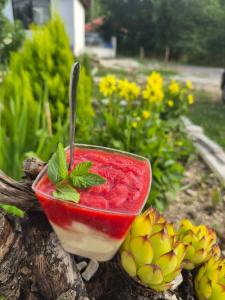 a glass bowl filled with watermelon and a spoon at Sunny Valley Retreat near Skadar Lake in Virpazar