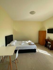 a bedroom with a bed and a table and a tv at Exclusive Alexandra Apartments in Sidari