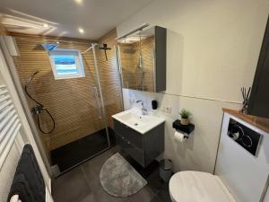 a bathroom with a sink and a shower and a toilet at Zur Sonnenseite in Oberthal +6 photos
