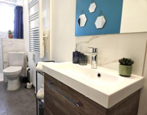 a bathroom with a white sink and a toilet at Cosy room - centre ville - 2 pers in Sarreguemines +14 photos