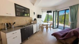 a kitchen with a table and a dining room at Apartmani Natal in Donja Lastva