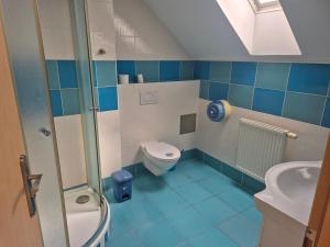 a blue and white bathroom with a toilet and a sink at Pension Camp Prager in Prague +61 photos