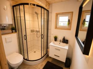 a bathroom with a shower and a toilet and a sink at NicePlace4You Familien-Ferienhäuser an der polnischen Ostsee mit Pool in Dobiesławiec +5 photos