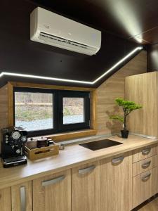 a kitchen with a sink and a window and a stove at Wolfmoon Riverside in Lupşa