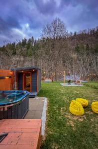 a tiny house with a swimming pool in a yard at Wolfmoon Riverside in Lupşa