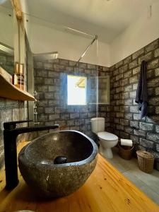 a large stone tub in a bathroom with a toilet at Theochloe Patmos House in Patmos