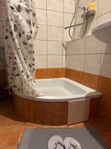 a bath tub in a bathroom with a shower curtain at Joy Haven in Tallinn