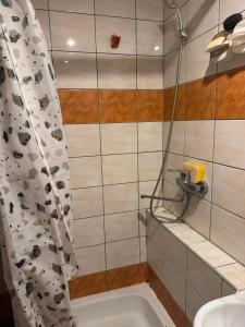 a bathroom with a shower curtain and a bath tub at Joy Haven in Tallinn