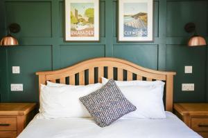 a bedroom with green walls and a bed with a pillow at Ger Yr Afon in Saint Harmon