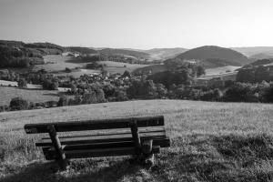 a bench sitting on top of a hill in a field at Apartment Huckelberg in Schmallenberg +2 photos