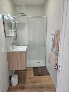 a white bathroom with a shower and a sink at Church View Apartments in Châteauneuf-Val-de-Bargis